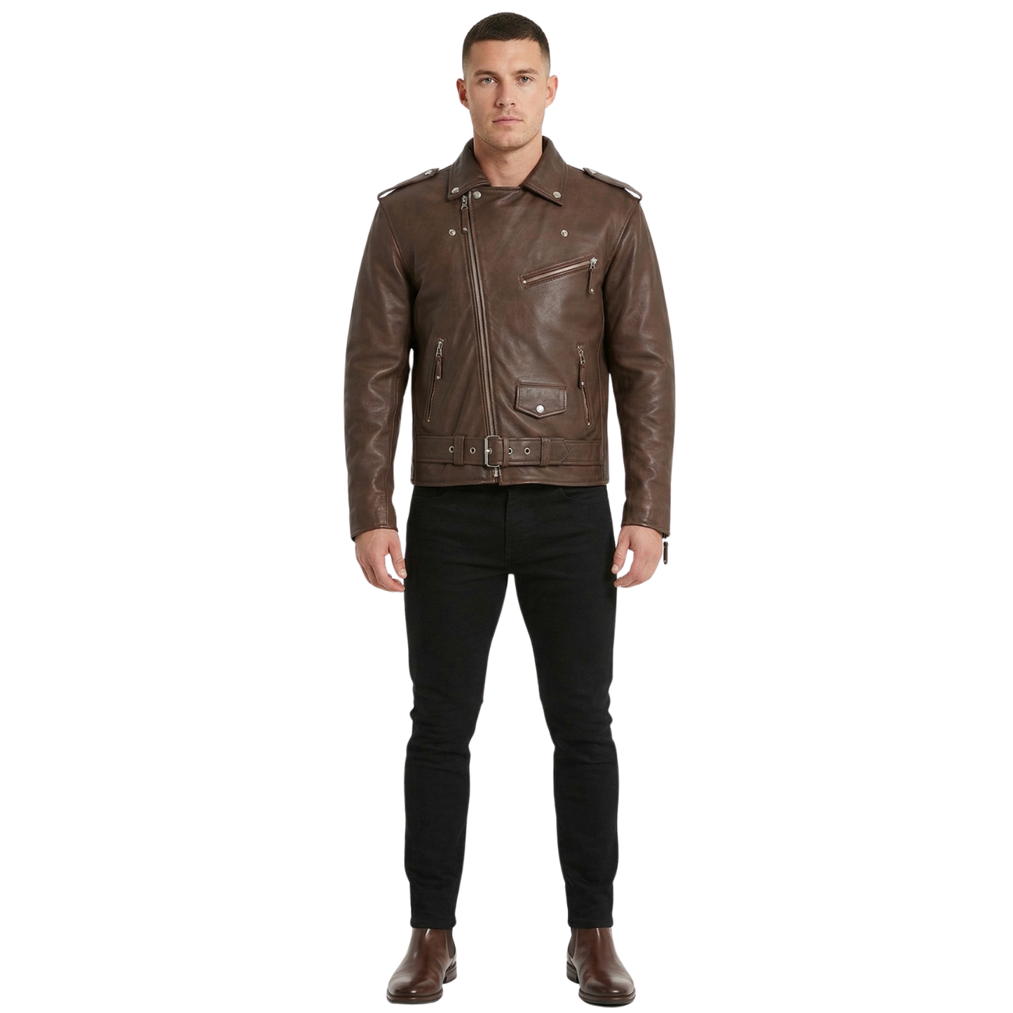 men’s cross zip belted brando leather biker jacket for casual style