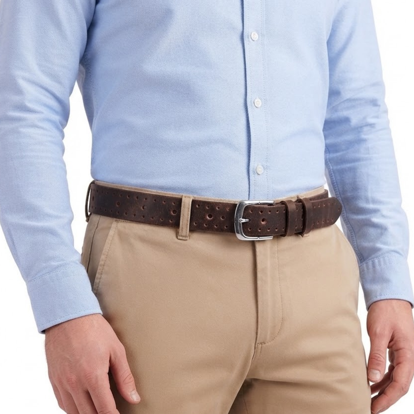 brown leather belt with crazy holes pattern for jeans and formal wear