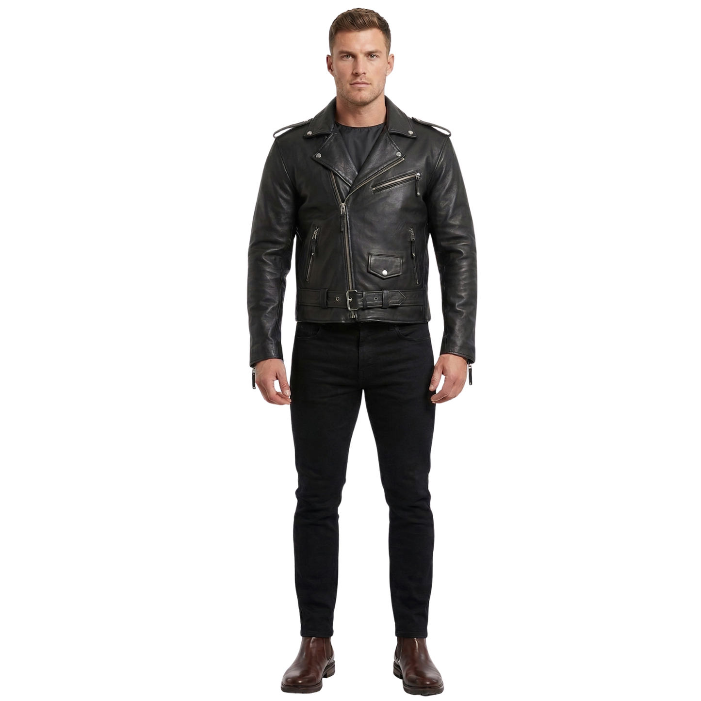 men’s cross zip belted brando leather biker jacket for casual style