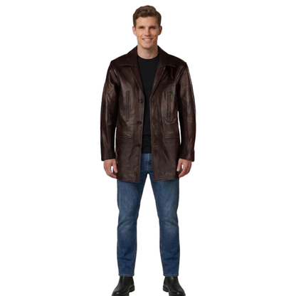 Men’s Max Payne Leather Coat Cowhide Mid-Length Jacket
