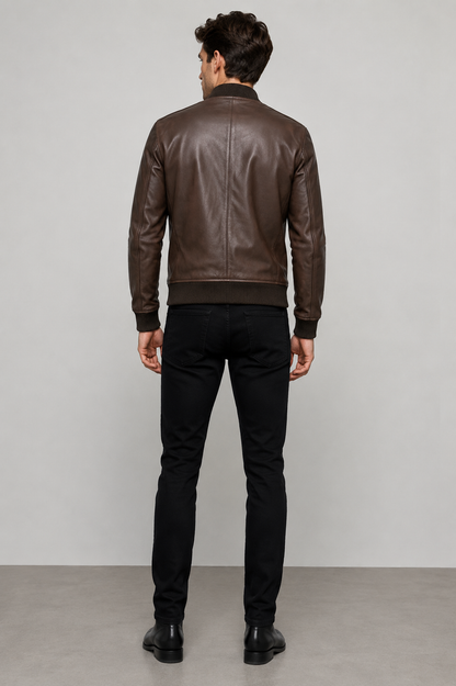 Sand Men’s Sheepskin Bomber Leather Jacket – Classic Fit Style