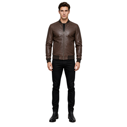 Sand Men’s Sheepskin Bomber Leather Jacket – Classic Fit Style
