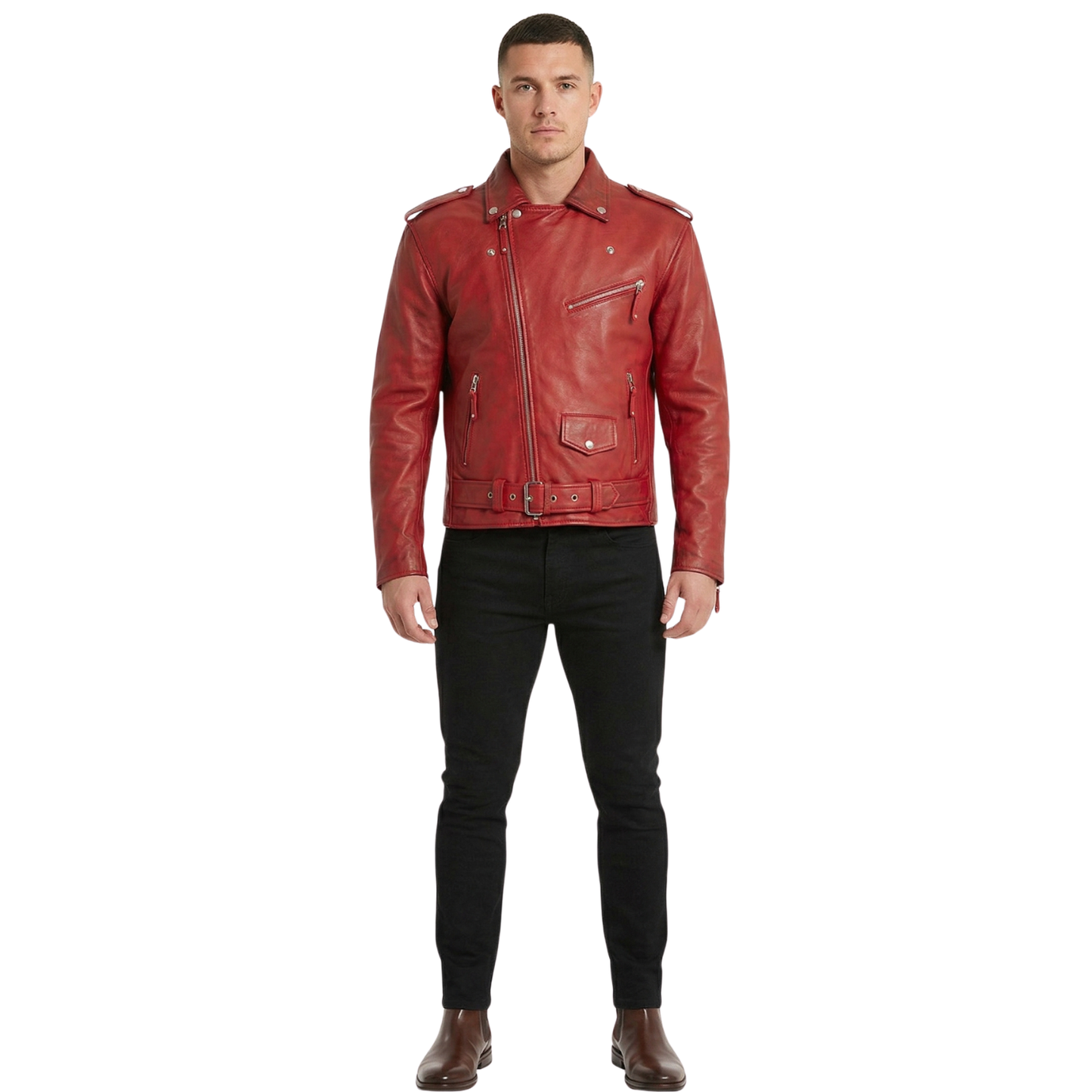 men’s cross zip belted brando leather biker jacket for casual style