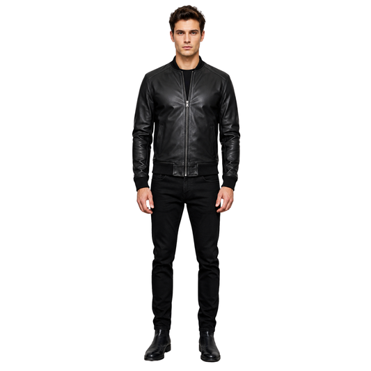 Sand Men’s Sheepskin Bomber Leather Jacket – Classic Fit Style