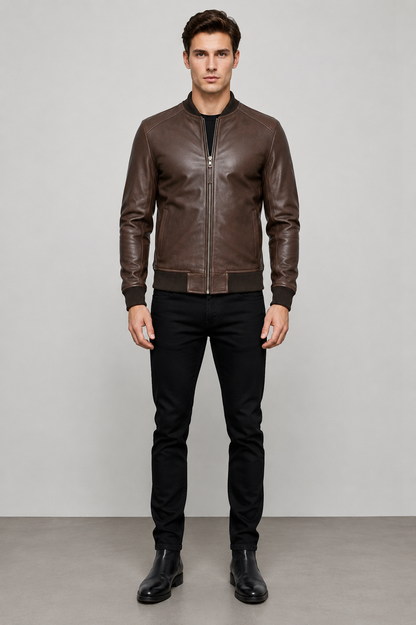 Sand Men’s Sheepskin Bomber Leather Jacket – Classic Fit Style
