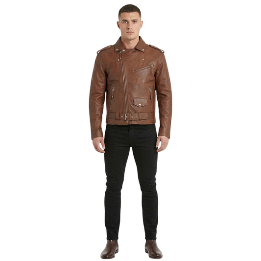 Men’s Cross Zip Belted Brando Leather Biker Jacket for Casual Style